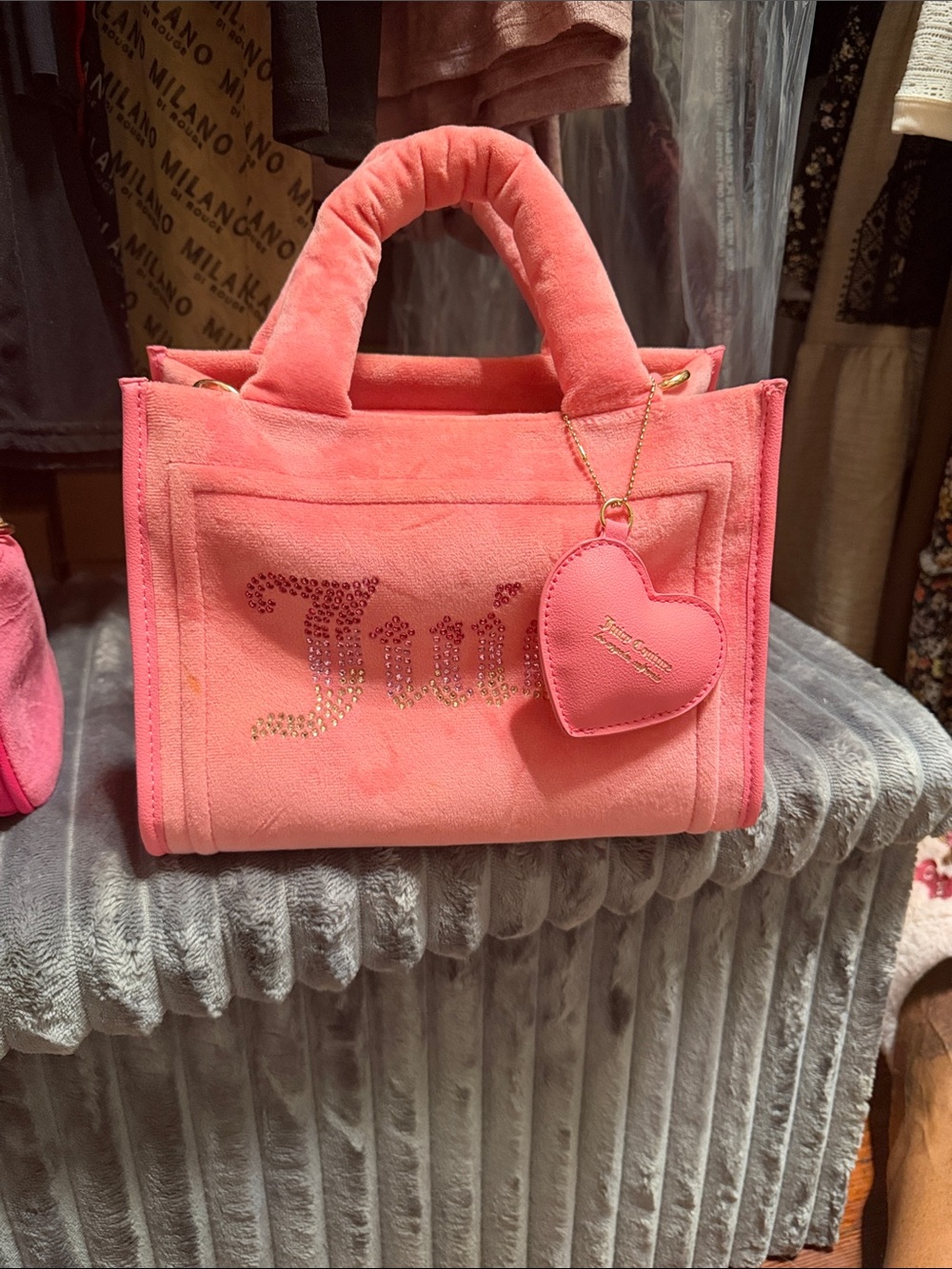 Pink Plush Tote Bag with Heart Charm